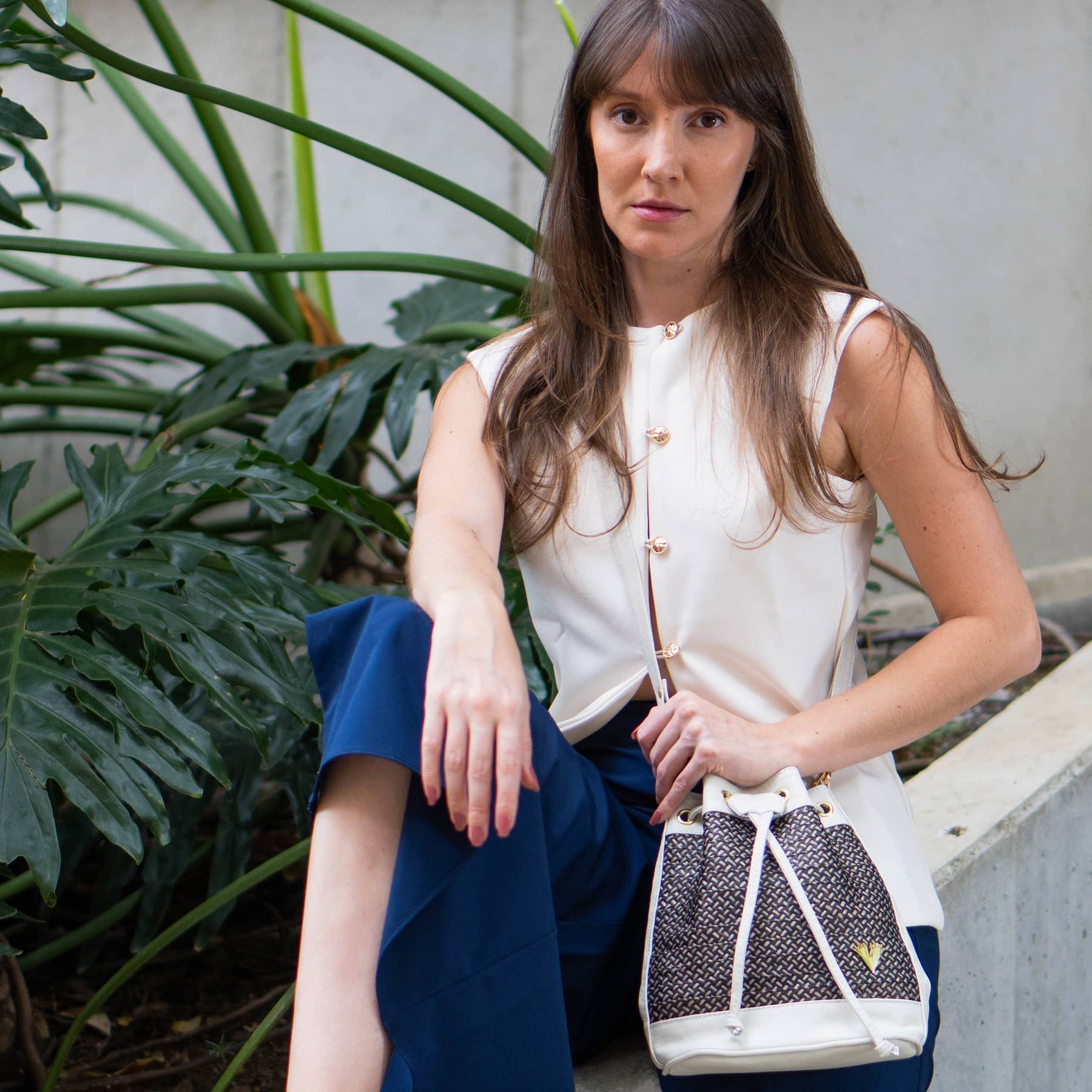 Beige Leather Bucket Terra Bag – Handmade Crossbody & Handbag, Ethical Palm Weave Bucket bag for Women