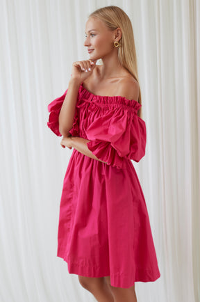 Vacay Off Shoulder Cotton Mini Dress - Fuchsia