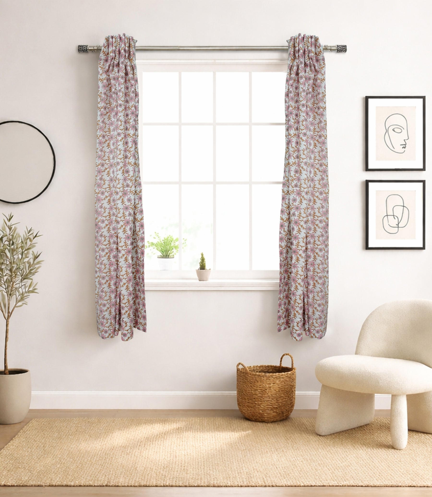 Handcrafted Pink Brown Floral Block Print Curtain - Linen Boho Ethnic Drape Saanjh