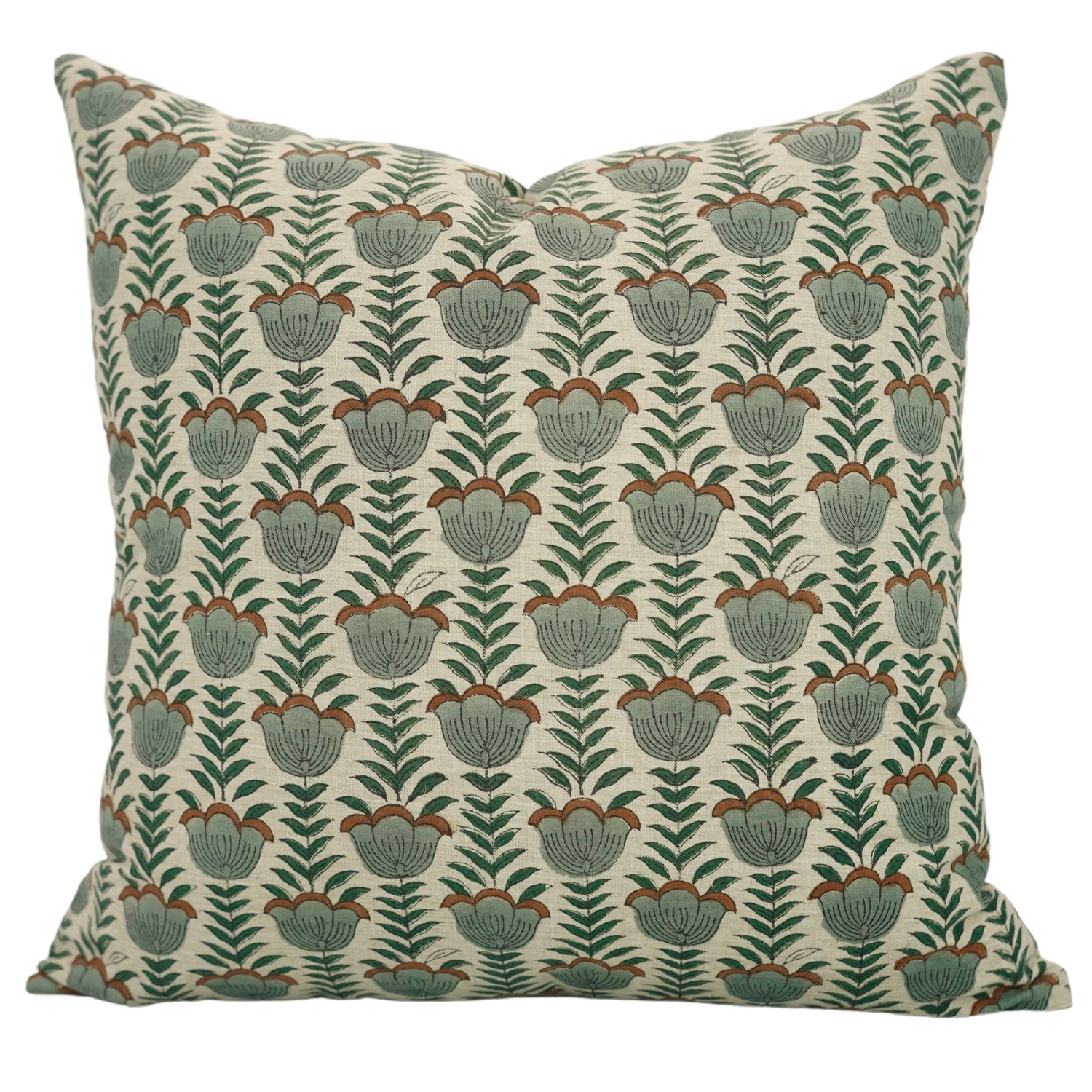 Handmade Linen Blend Throw Pillow Cover – Lotus Motif | Floral Indian Hand Block Print