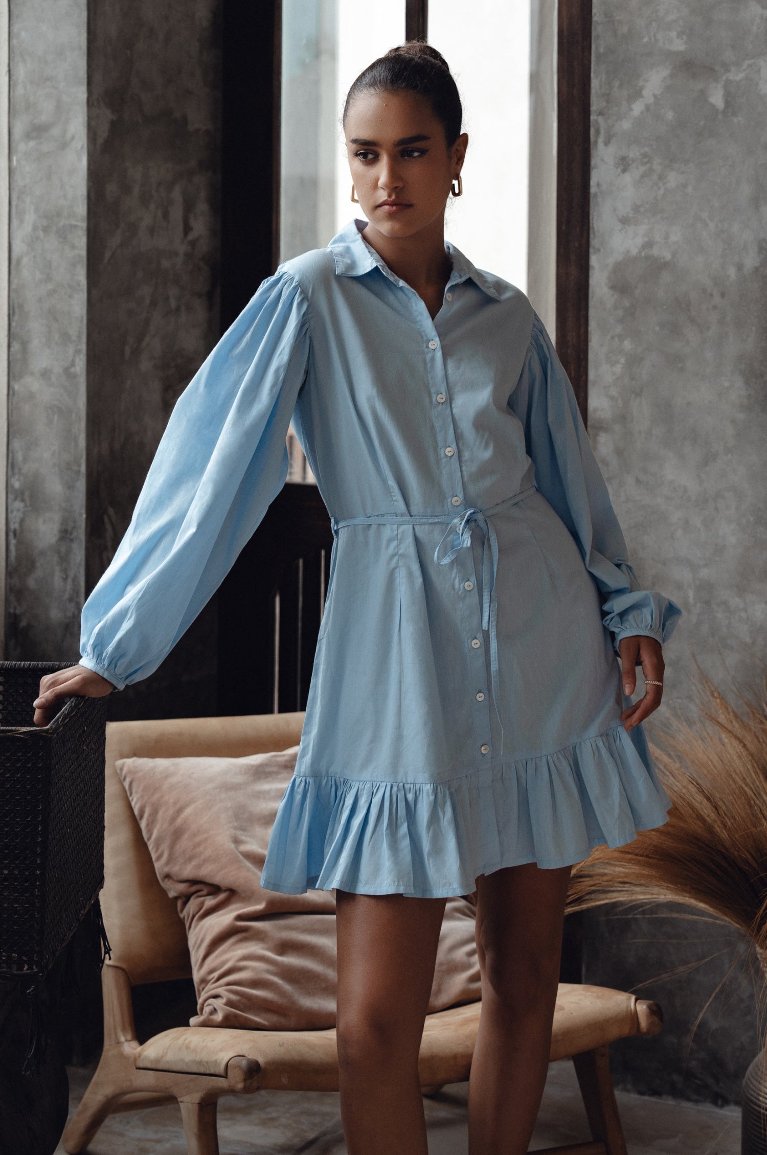 Malina Button Down Cotton Mini Dress - Light Blue