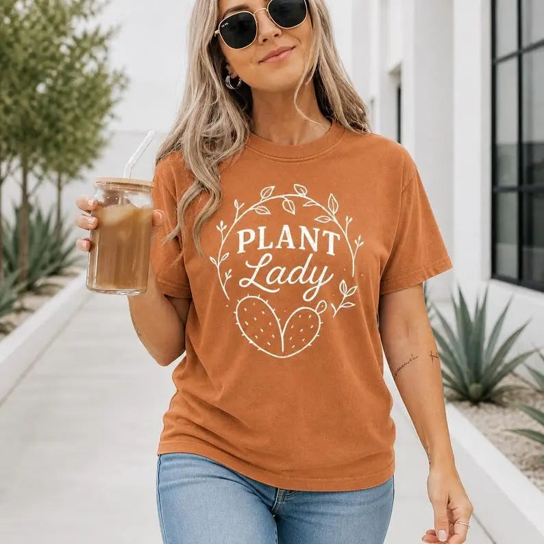 Plant Lady Cactus & Leaf Wreath Graphic T-Shirt | Terracotta Clay Botanical Cotton Tee