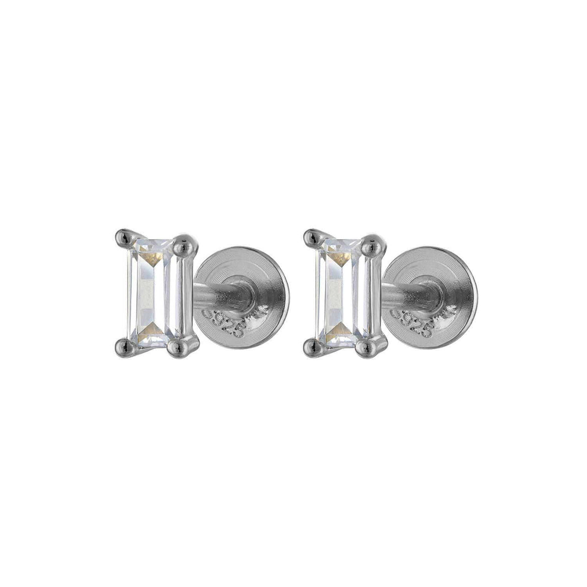 Single Baguette Flatback Sterling Silver Earring Stud