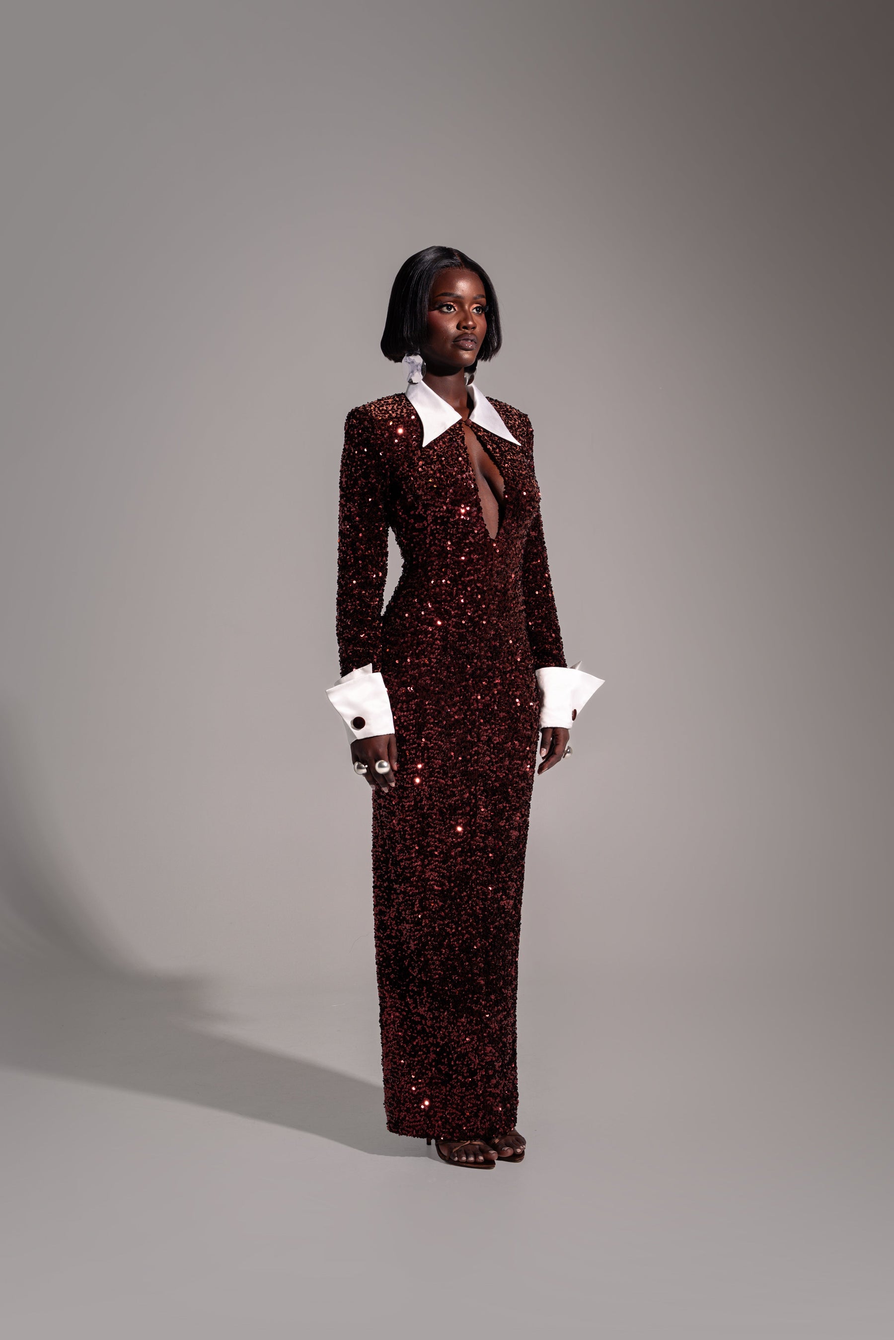 KALI Keyhole Sequin Maxi Dress in BRONZITE