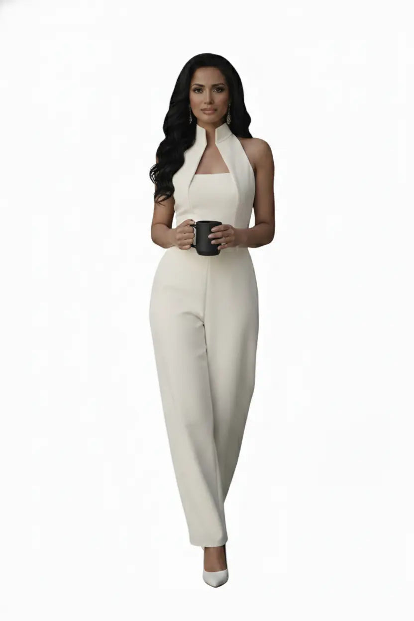 Ivory High-collar Jumpsuit – Gold Buckle