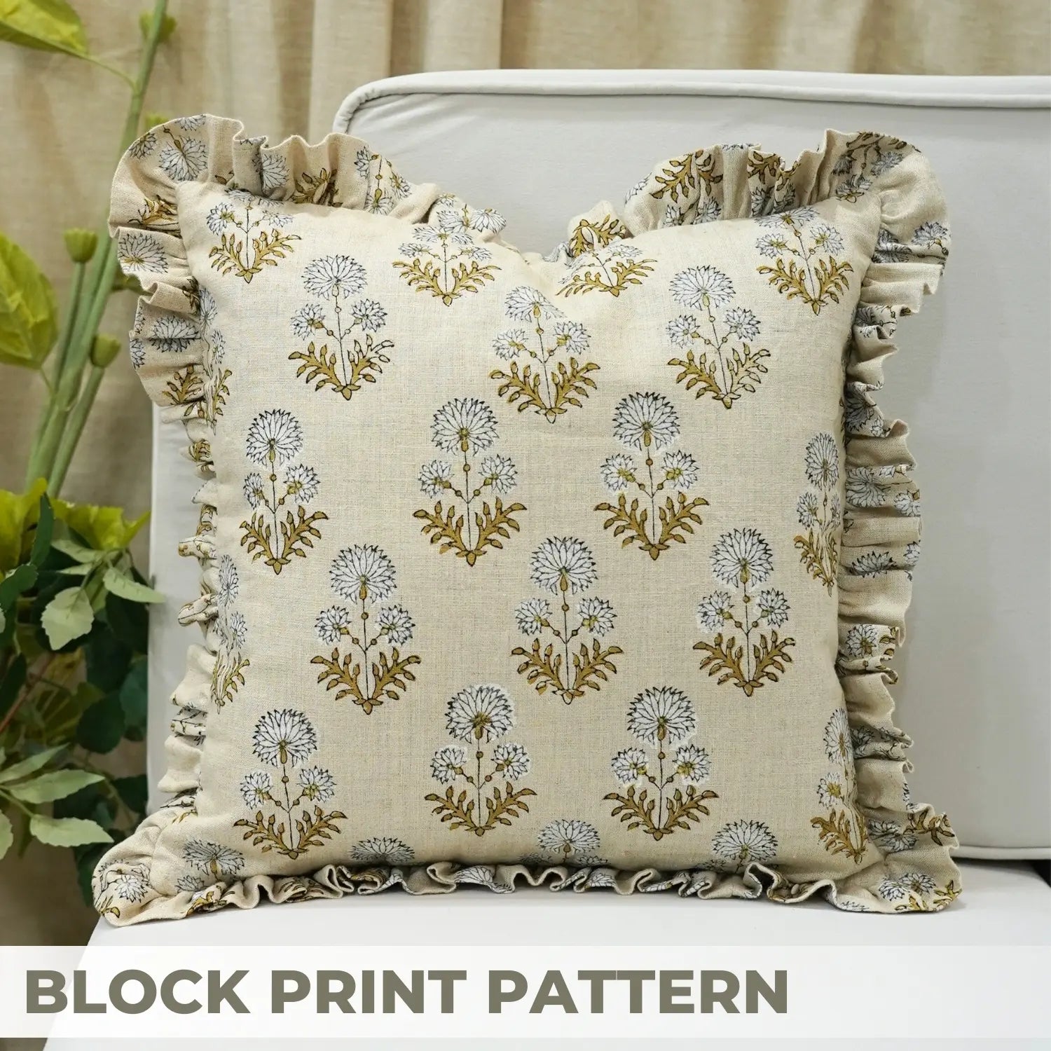 Stylish Hand Block Print Pure Linen Frill Pillow Cover - Rishi