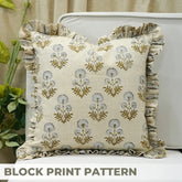 Stylish Hand Block Print Pure Linen Frill Pillow Cover - Rishi