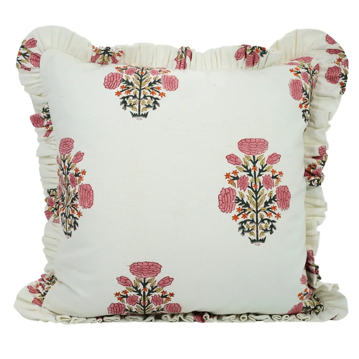 Bohemian Block Print Thick Cotton White Frill Pillow Cover - Swadesh
