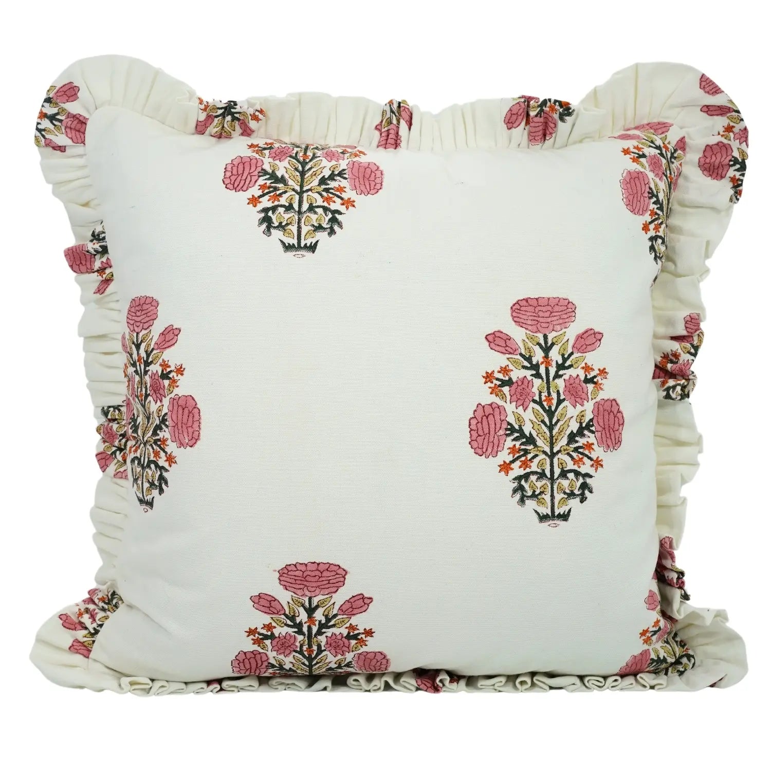 Bohemian Block Print Thick Cotton White Frill Pillow Cover - Swadesh