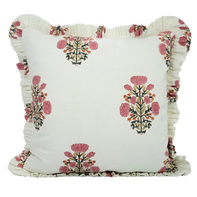 Bohemian Block Print Thick Cotton White Frill Pillow Cover - Swadesh