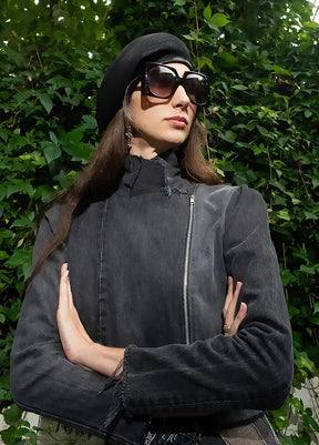 Angie Convertible Collar Moto Jacket -Distressed Black