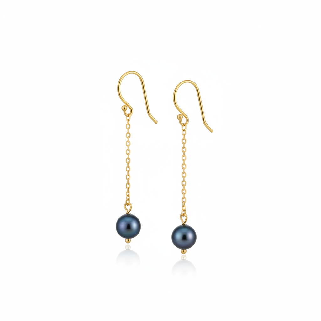 Gold Drop Chain Black Pearl Earrings
