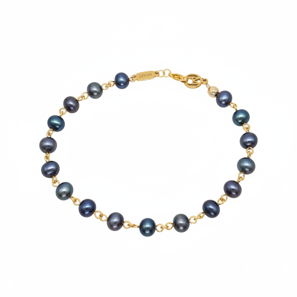 Gold Stainless Steel Linked Black Pearl Bracelet