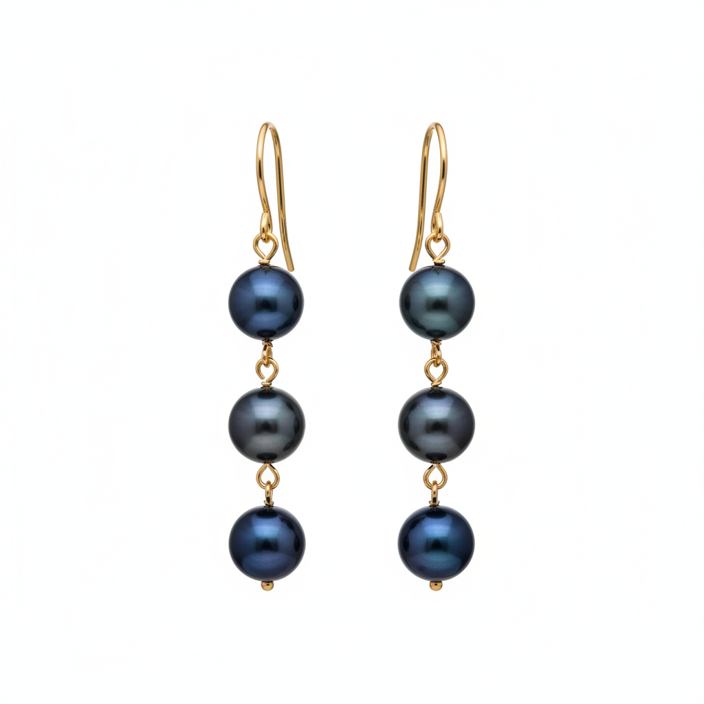 Gold Stainless Steel Triple Black Pearl Drop Earrings