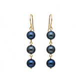 Gold Stainless Steel Triple Black Pearl Drop Earrings