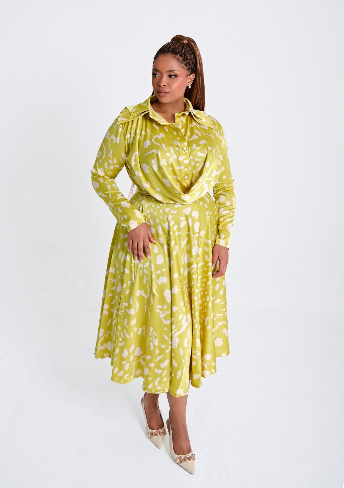 Nala Chartreuse Draped Midi Dress