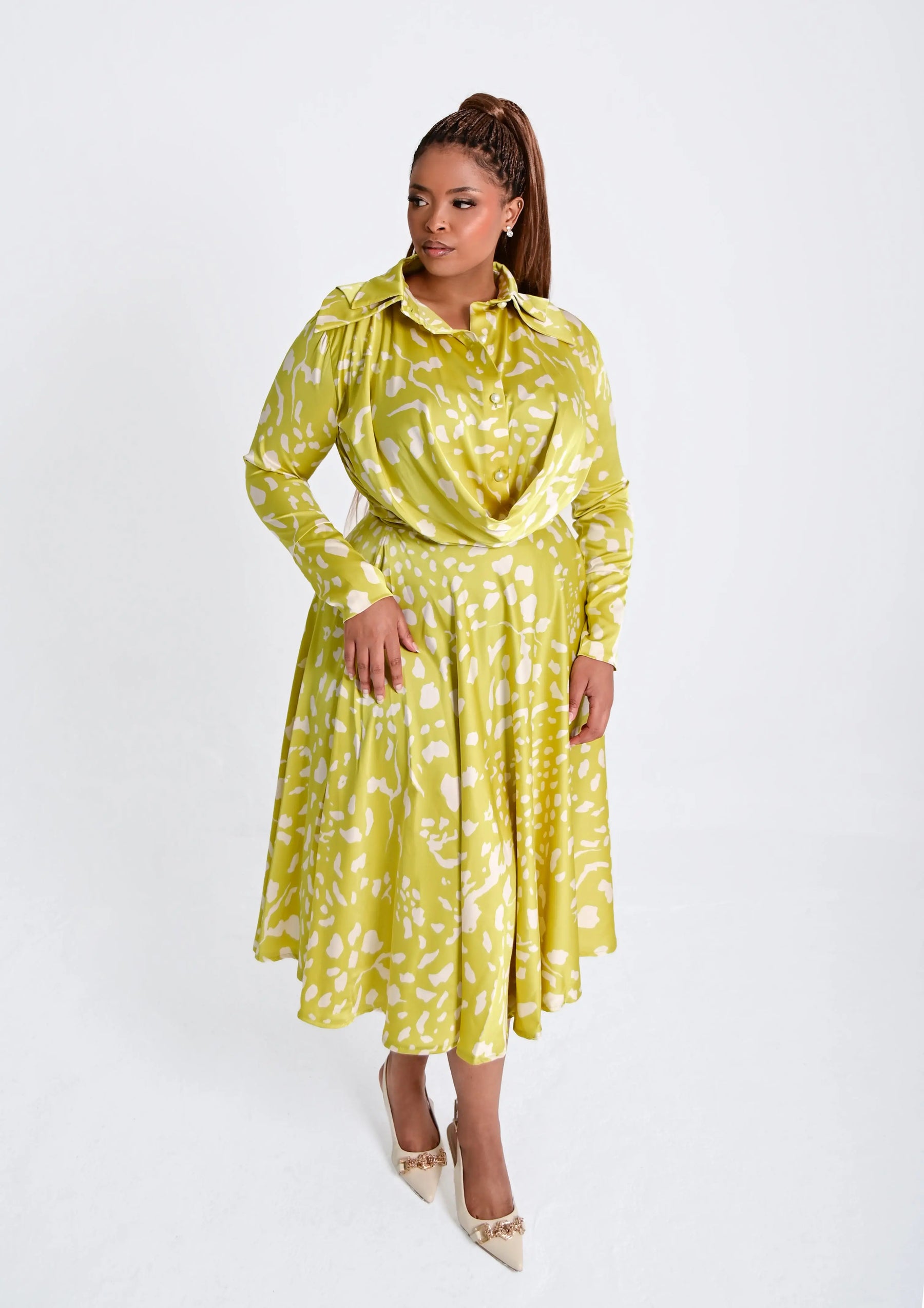 Nala Chartreuse Draped Midi Dress