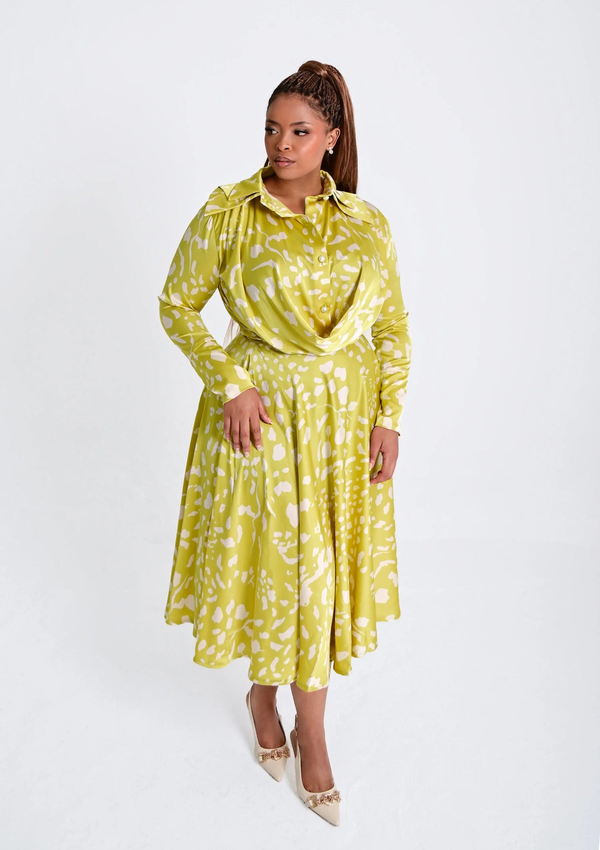 Nala Chartreuse Draped Midi Dress