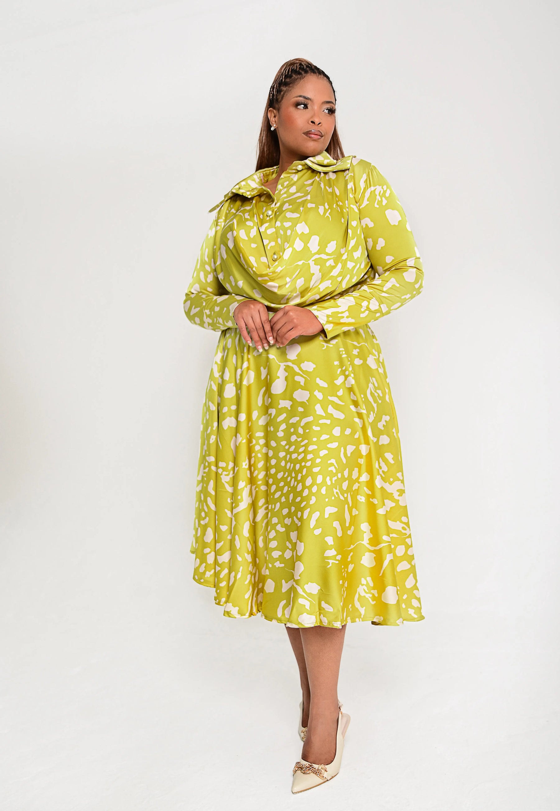 Nala Chartreuse Draped Midi Dress