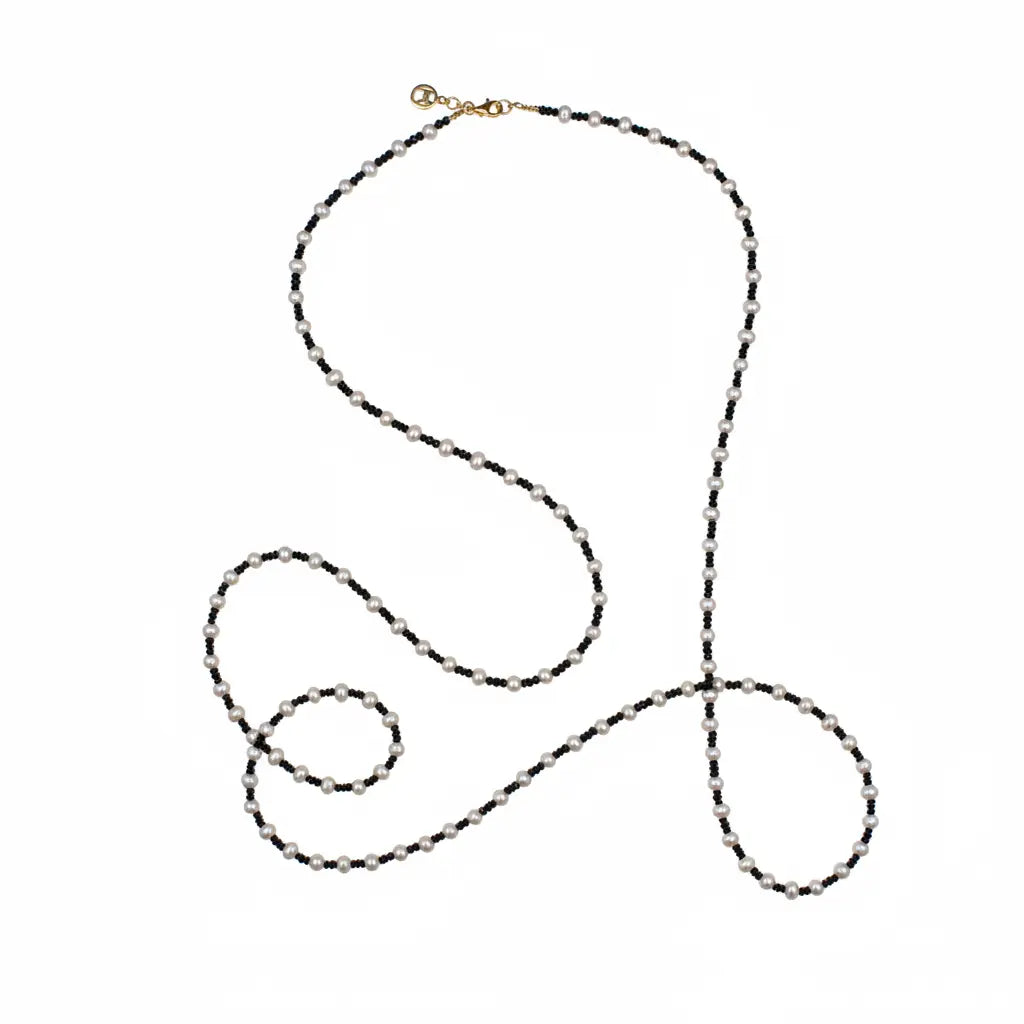 White Pearl and Black Spinel Beaded Necklace