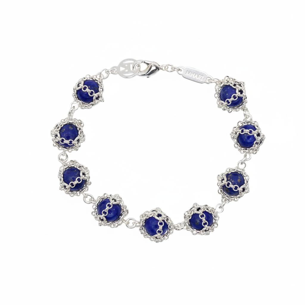 Caged Lapis Lazuli Gemstone Bracelet in Silver