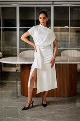 Ivory One-shoulder Draped Midi Dress