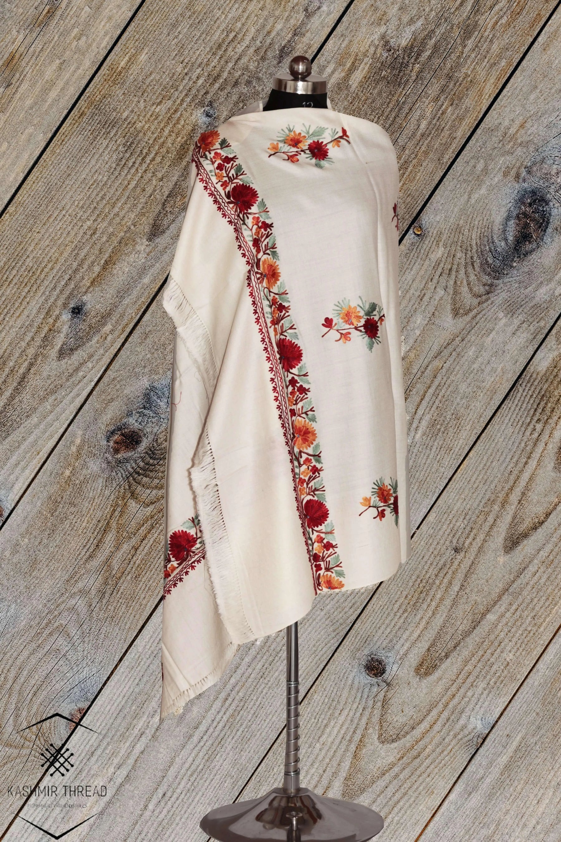 Aari Blossom: White Fine Merino Wool Kashmiri Shawl
