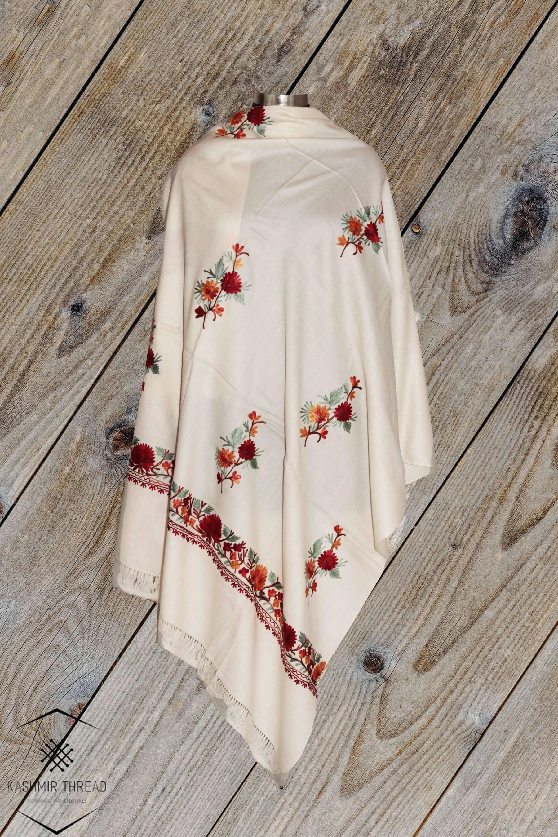 Aari Blossom: White Fine Merino Wool Kashmiri Shawl