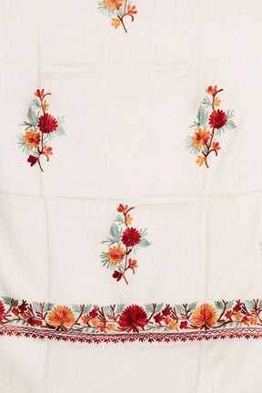 Aari Blossom: White Fine Merino Wool Kashmiri Shawl