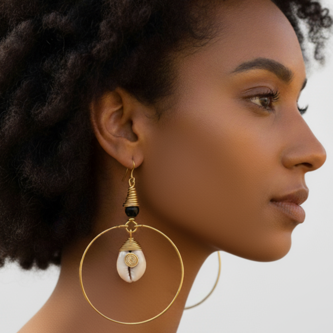 Malindi Cowrie Shell Earrings – Handmade Kenyan Jewelry in Brass | Coastal Statement Accessory