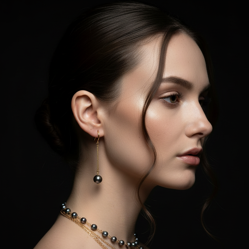 Gold Drop Chain Black Pearl Earrings