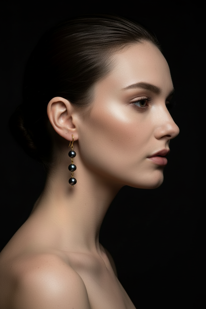 Gold Stainless Steel Triple Black Pearl Drop Earrings