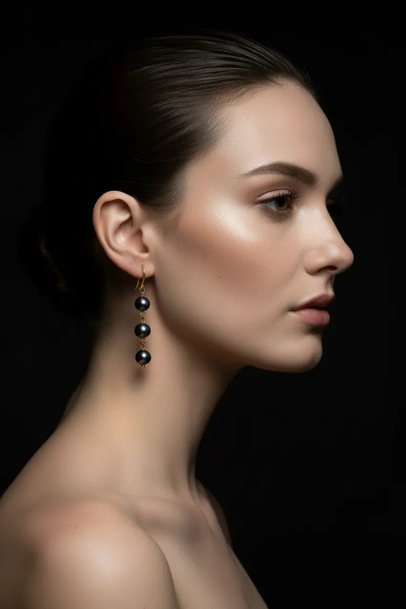 Gold Stainless Steel Triple Black Pearl Drop Earrings