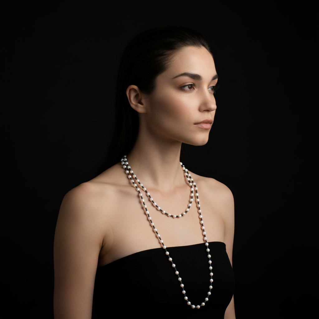 White Pearl and Black Spinel Beaded Necklace