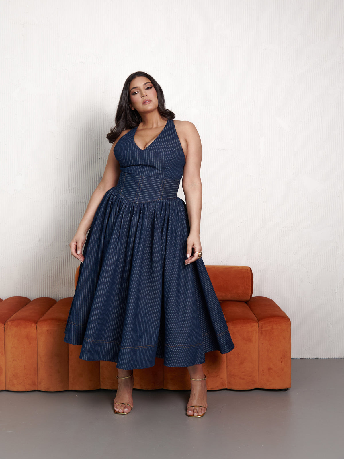 Denim Pinstripe Noemi Midi Dress