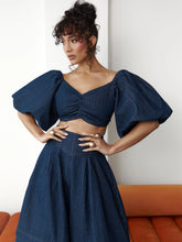 Denim Pinstripe Skye Puffy Sleeve Crop Top