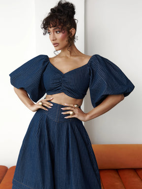 Denim Pinstripe Skye Puffy Sleeve Crop Top