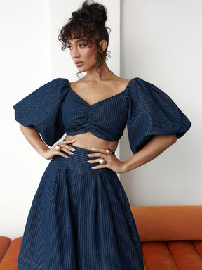 Denim Pinstripe Skye Puffy Sleeve Crop Top