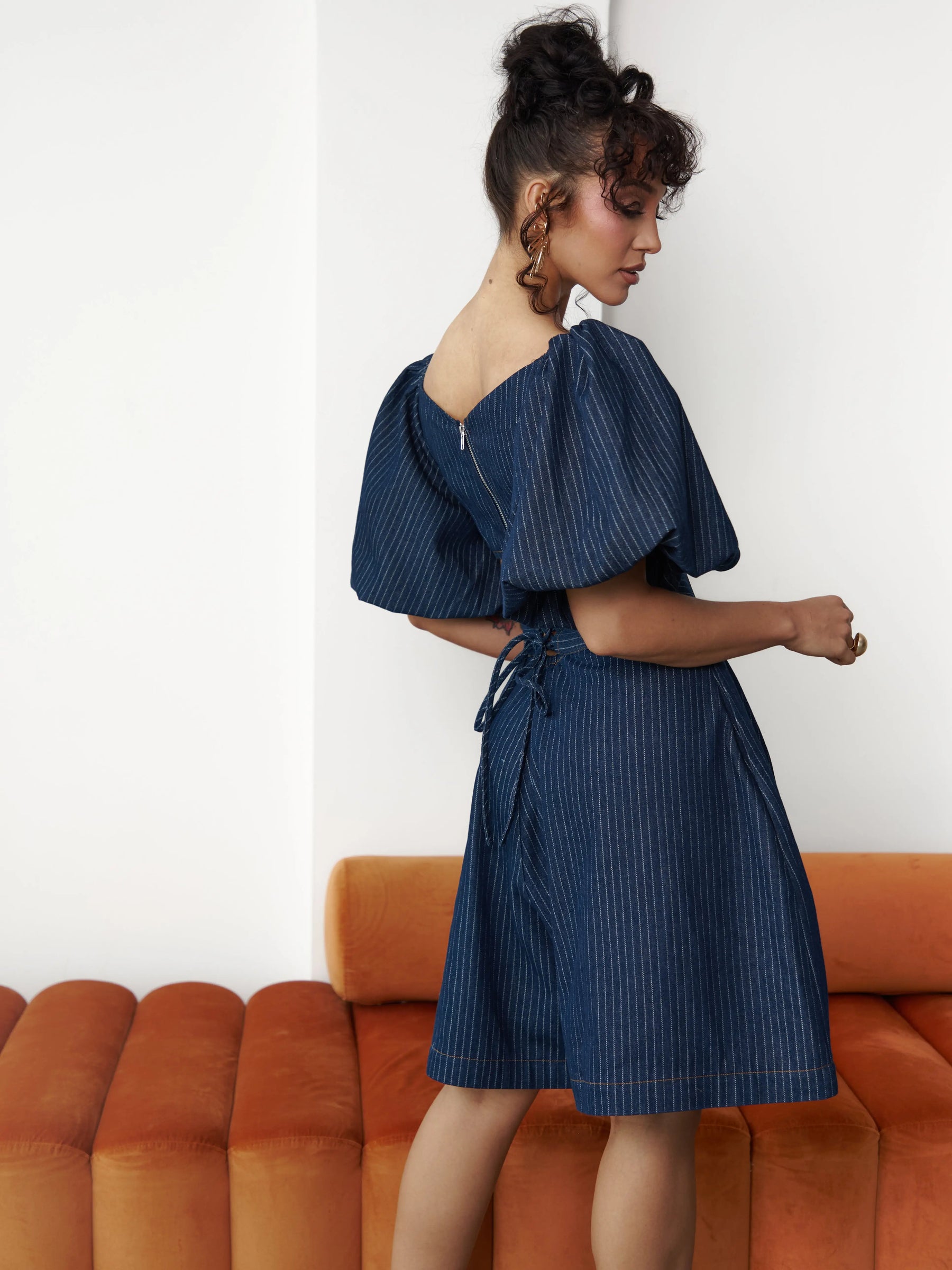 Denim Pinstripe Skye Puffy Sleeve Crop Top