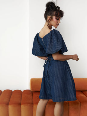 Denim Pinstripe Skye Puffy Sleeve Crop Top