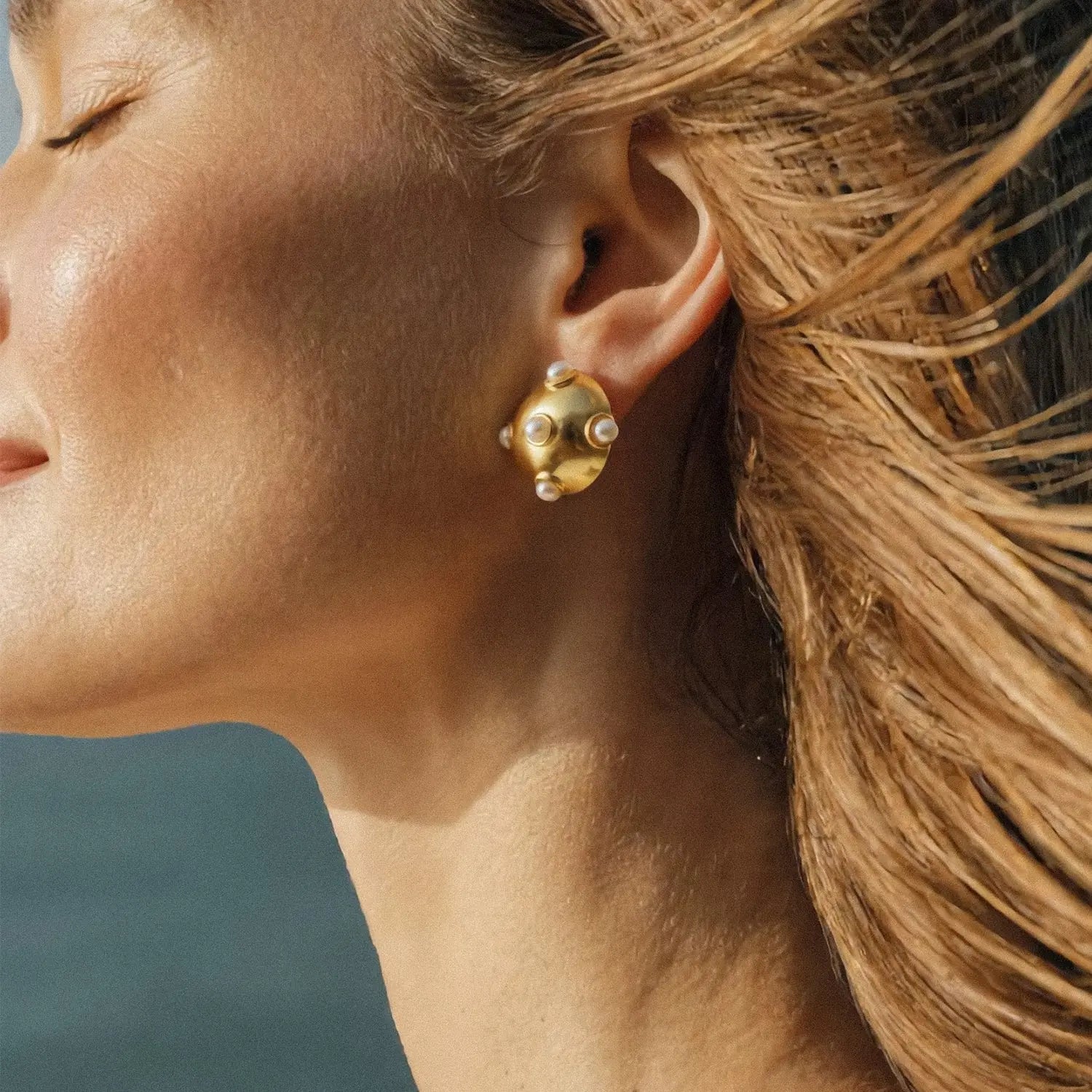 Gold Pearl Ball Statement Earrings