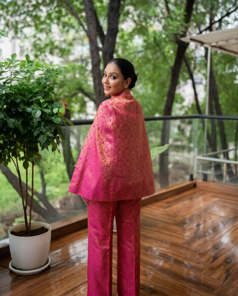 Mira Banarasi Cape Co-ord Set: Women's Fuchsia Gold Floral Indowestern Wear with Pants
