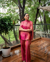 Mira Banarasi Cape Co-ord Set: Women's Fuchsia Gold Floral Indowestern Wear with Pants