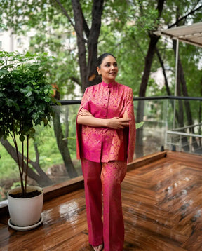 Mira Banarasi Cape Co-ord Set: Women's Fuchsia Gold Floral Indowestern Wear with Pants