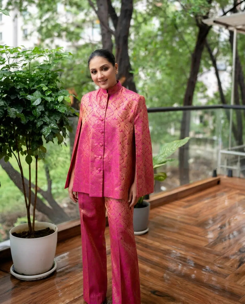 Mira Banarasi Cape Co-ord Set: Women's Fuchsia Gold Floral Indowestern Wear with Pants