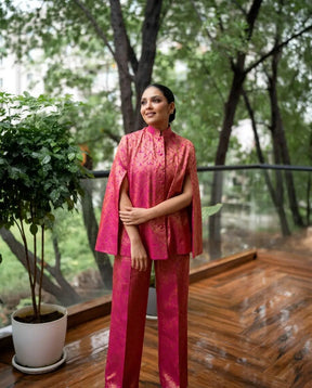 Mira Banarasi Cape Co-ord Set: Women's Fuchsia Gold Floral Indowestern Wear with Pants