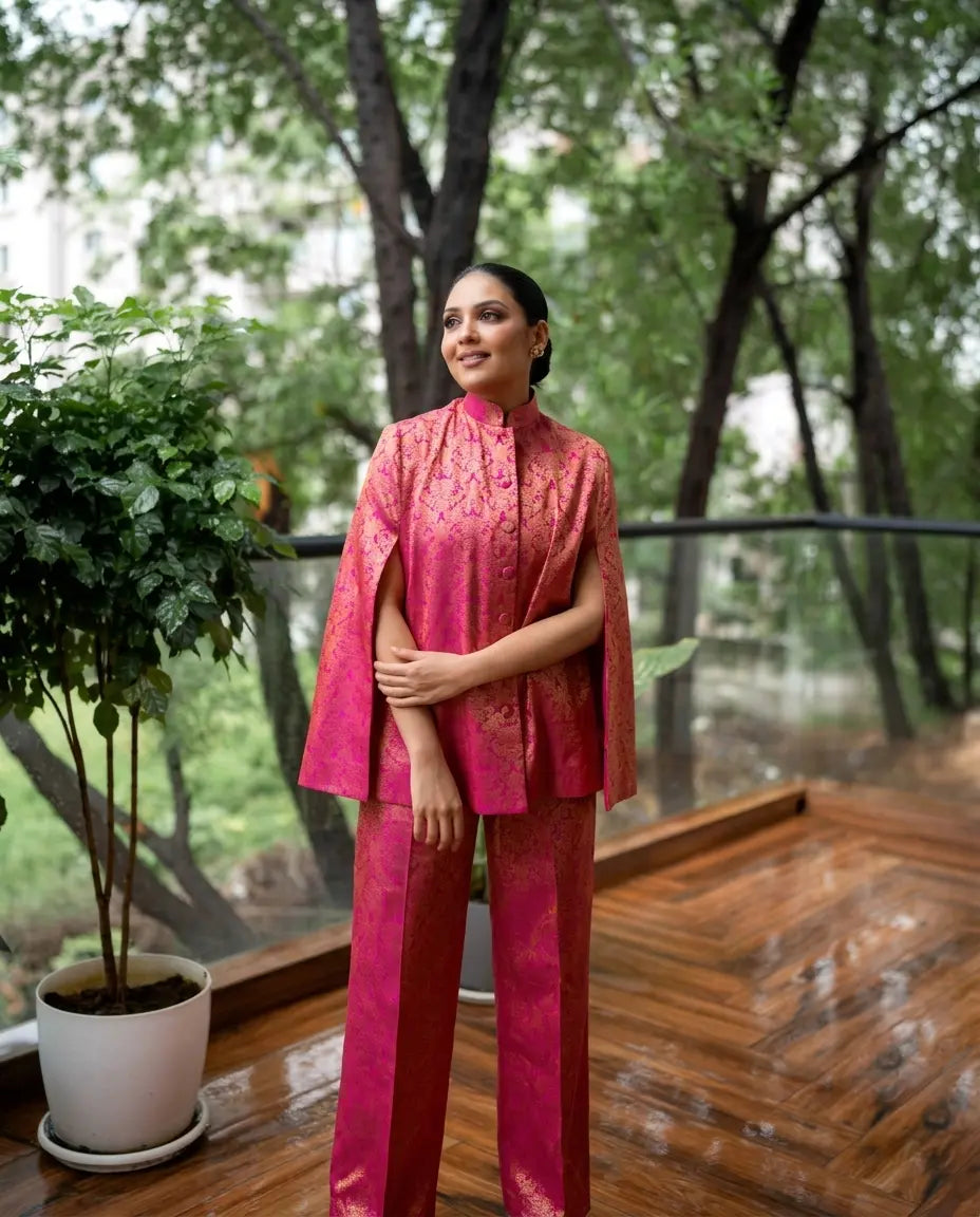 Mira Banarasi Cape Co-ord Set: Women's Fuchsia Gold Floral Indowestern Wear with Pants