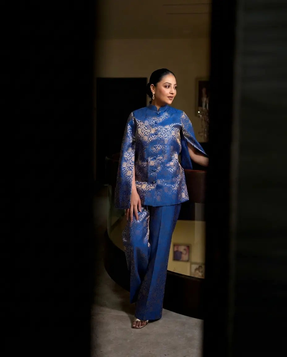 Mumtaz Banarasi Cape Co-ord Set: Women's Royal Blue Gold Floral Indowestern Wear