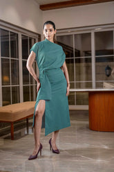 Sea-green One-shoulder Draped Midi Dress