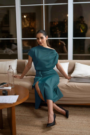 Sea-green One-shoulder Draped Midi Dress